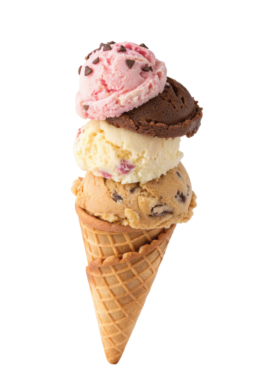 A tall waffle cone stacked with four scoops: cookie dough, vanilla with fruit bits, chocolate, and strawberry topped with chocolate sprinkles.
