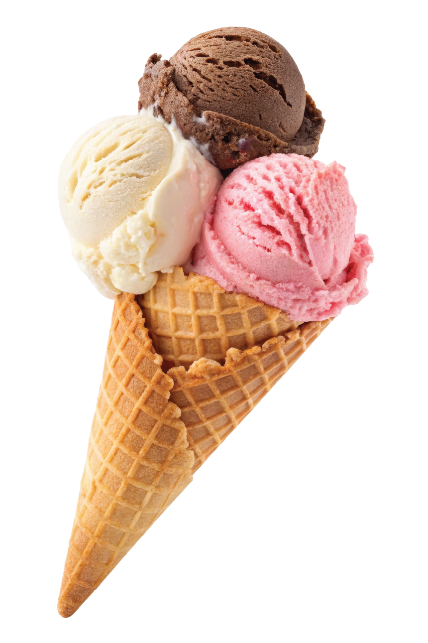 A waffle cone holding three scoops of ice cream: creamy vanilla on the left, pink strawberry on the right, and rich chocolate on top, against a clean white background.