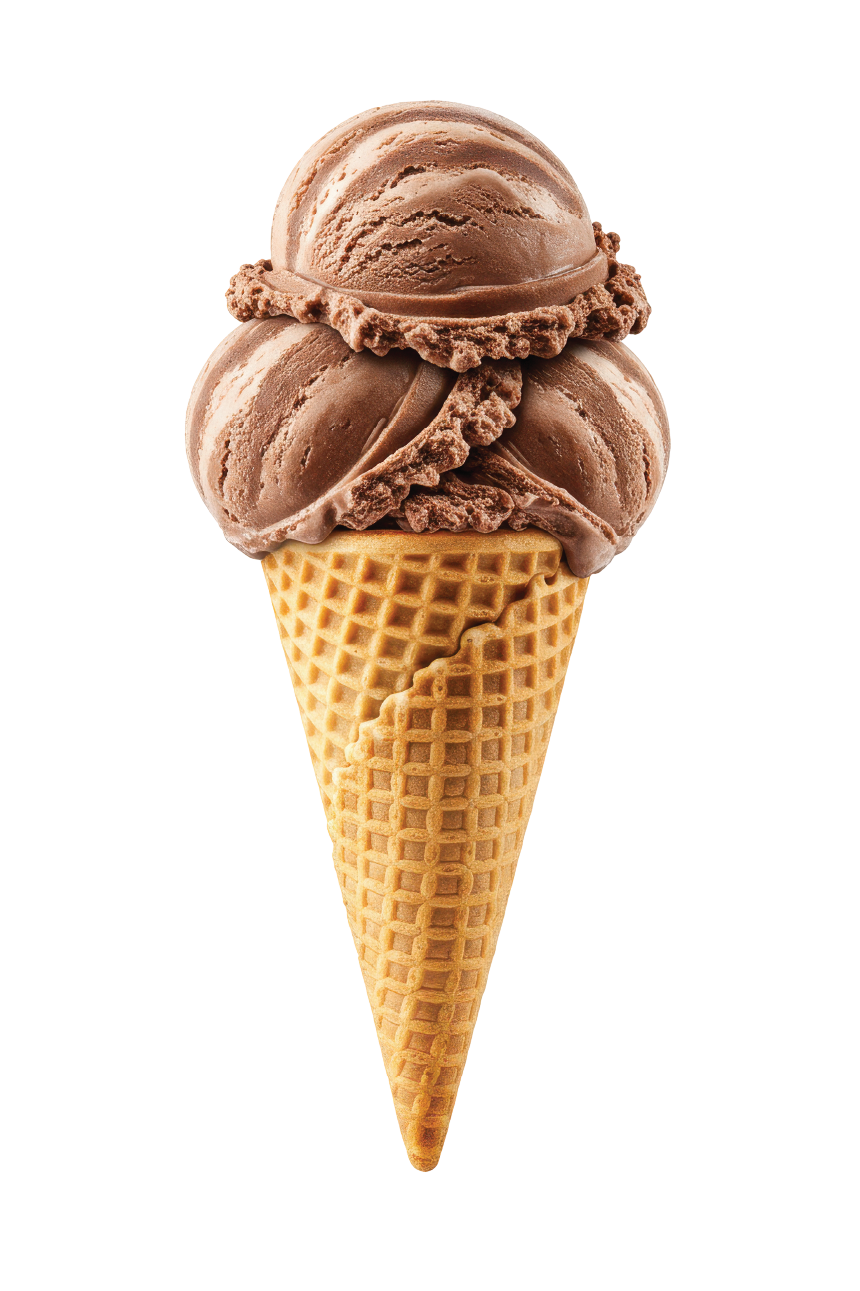 A tall waffle cone stacked with four scoops: bottom chocolate with nuts, vanilla, peanut butter, and dark chocolate topped with chopped nuts and peanuts.